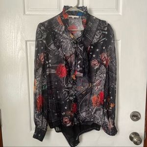 Jade & Cloud butterfly silk blend long sleeve bodysuit L